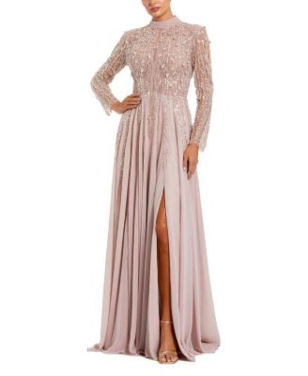 マックダガル レディース トップス ワンピース シフォン スカート Mac Duggal Embellished Long Sleeve Chiffon Skirt Gown Dusty Rose