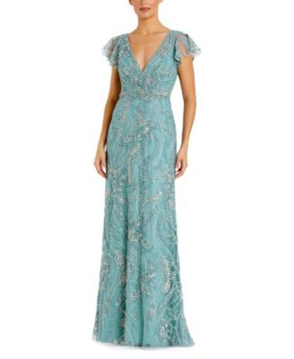 マックダガル レディース トップス ワンピース Vネック フラワー柄 刺繍 フラワー Mac Duggal VNeck Flutter Sleeve Floral Embroidered Gown Seafoam