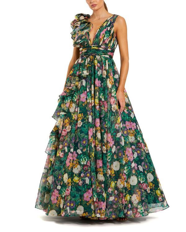 マックダガル レディース トップス ワンピース Vネック シフォン プリント フリル ノースリーブ Mac Duggal Sleeveless VNeck Printed Chiffon Ruffle Ballgown Deep Green Multi グリー 75,790円