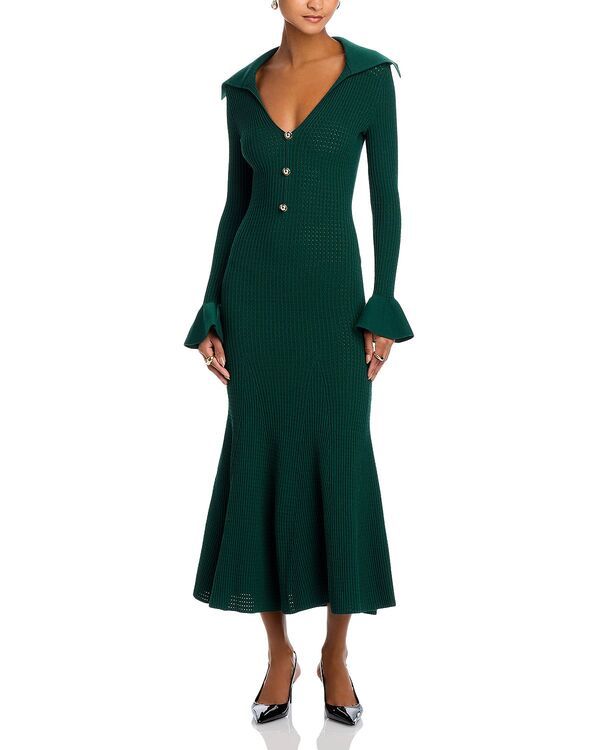 セルフ・ポートレイト レディース トップス ワンピース フリル SelfPortrait Ruffled Cuff Wide Neck Dress Green グリーン