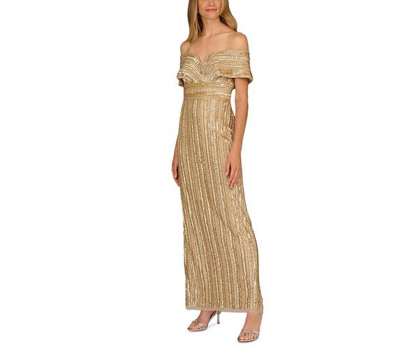 アイダンマットックス レディース トップス ワンピース Aidan Mattox Beaded Off Shoulder Dress Gold ゴールド