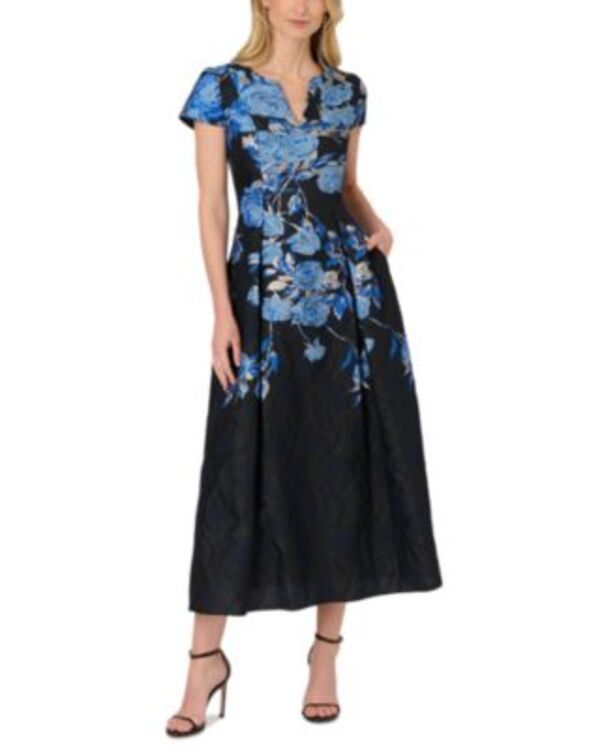 アドリアナ パペル レディース トップス ワンピース Adrianna Papell Split Neck Jacquardress BlueBlack Multi ブラック