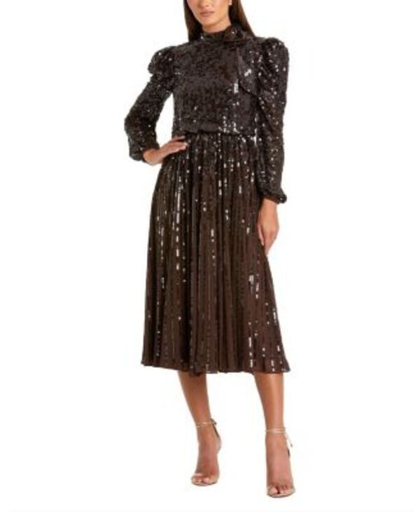 マックダガル レディース トップス ワンピース プリーツ ミディ スパンコール Mac Duggal Sequin Puff Sleeve Pleated Midi Dress Dark Chocolate チョコレート
