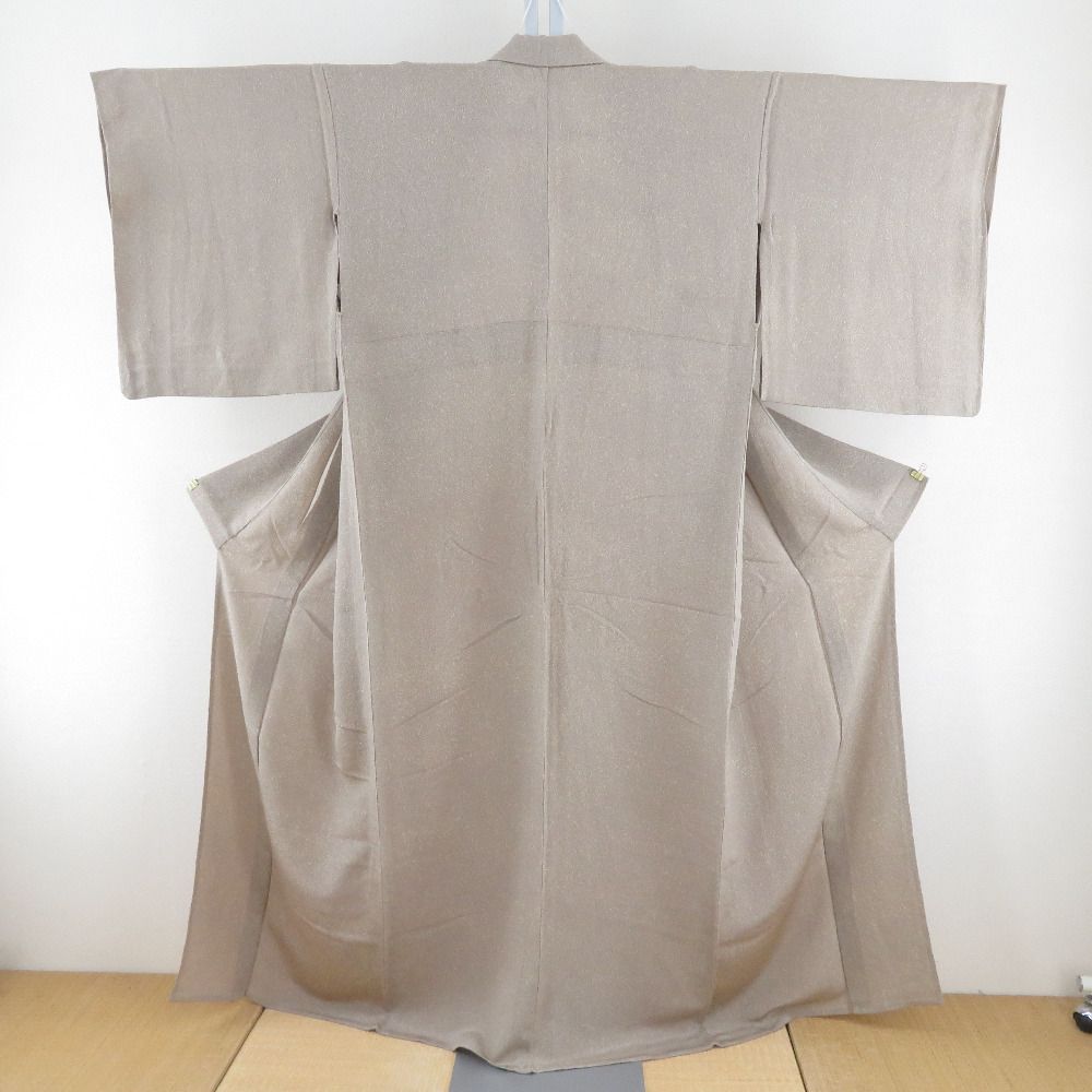 小紋 単衣 正絹 縮緬 タタキ染め模様 ベージュグリーン 身丈Lサイズ 前幅広め 広衿 落款入り 仕立て上がり着物 身丈160cm