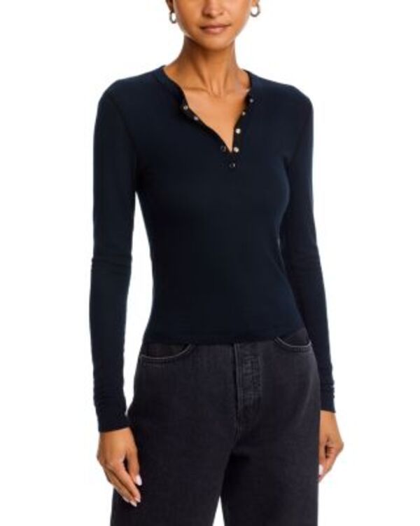 リダン レディース トップス Tシャツ リブ REDONE Ribbed Henley Long Sleeve Tee Black ブラック