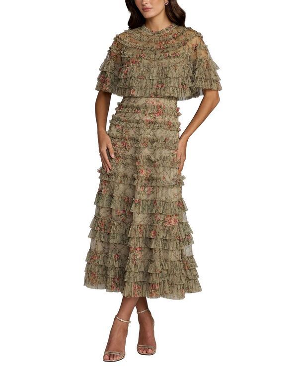 マックダガル レディース トップス ワンピース フラワー柄 フリル メッシュ ミディ フラワー Mac Duggal Floral Mesh Ruffle Midi Dress Olive オリーブ