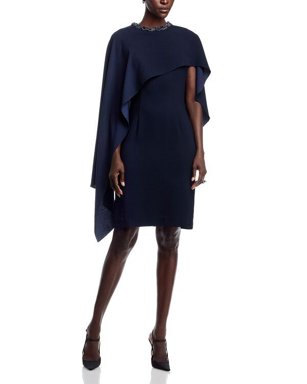 テリジョンバイリッキーフリーマン レディース トップス ワンピース ケープデザイン キャップ ケープ Teri Jon by Rickie Freeman Beaded Neck Cape Dress Navy ネイビー