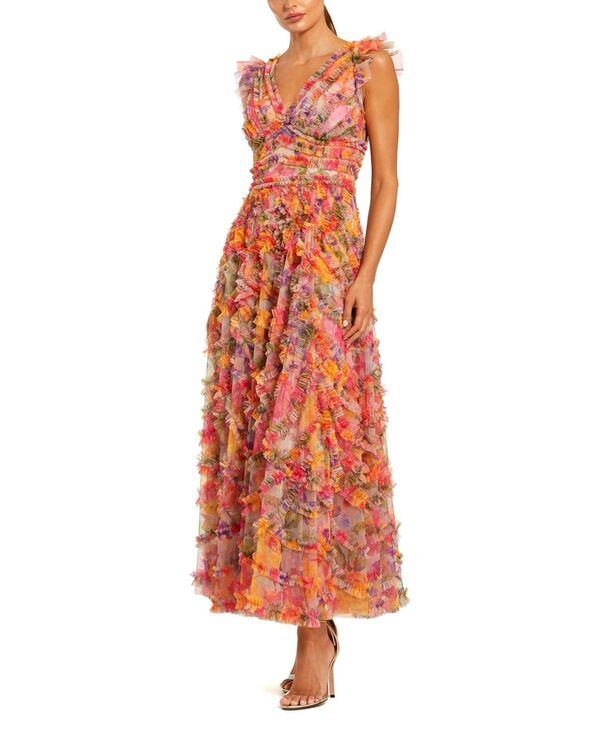 マックダガル レディース トップス ワンピース Vネック フラワー柄 フリル メッシュ アンクル フラワー Mac Duggal Floral Mesh Ruffle V Neck Ankle Dress Multi マルチカラー