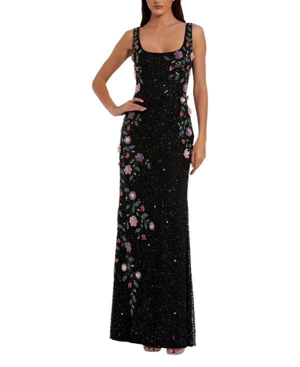 マックダガル レディース トップス ワンピース フラワー柄 メッシュ ノースリーブ フラワー Mac Duggal Floral Beaded Mesh Scoop Neck Sleeveless Gown Black Multi ブラック