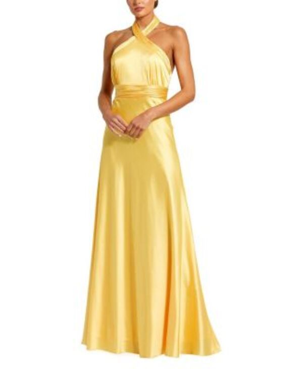 マックダガル レディース トップス ワンピース ギャザー サテン ホルター Mac Duggal Ruched Halter Neck Tie Back Satin Gown Lemon