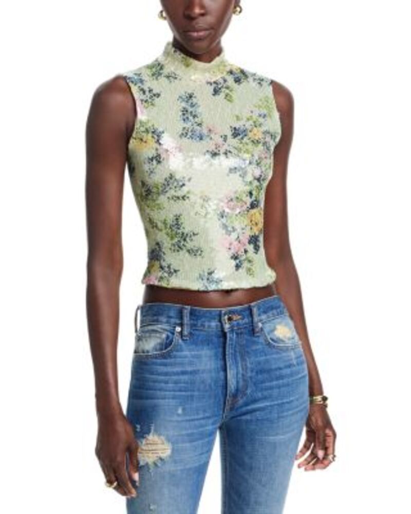 ブランドン・マクスウェル レディース トップス タンクトップ モックネック Brandon Maxwell Piper Paillette Mock Neck Tank Green Floral グリーン