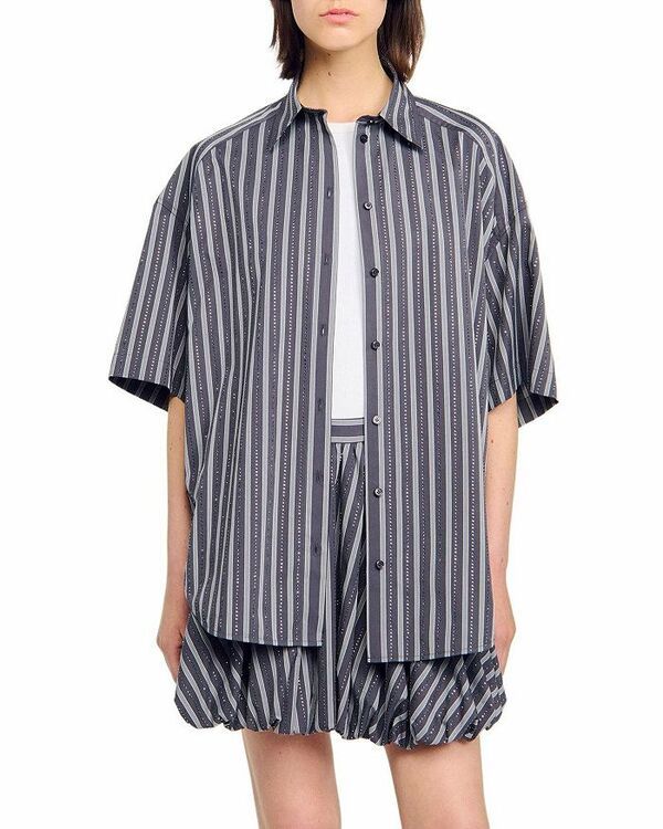 サンドロ レディース トップス シャツ Sandro Oversized Striped Rhinestone Shirt Grey グレー