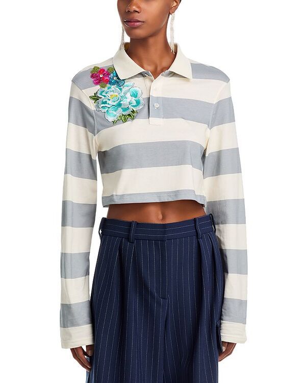 エリア レディース トップス ポロシャツ 刺繍 AREA Embroidered Flower Rugby Stripe Crop Polo CreamGrey クリーム