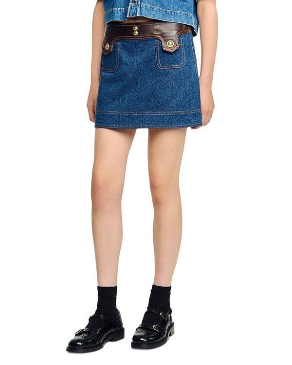 サンドロ レディース ボトムス スカート ミニ デニム レザー Sandro Leather Trim Mini Denim Skirt Dark Blue ブルー