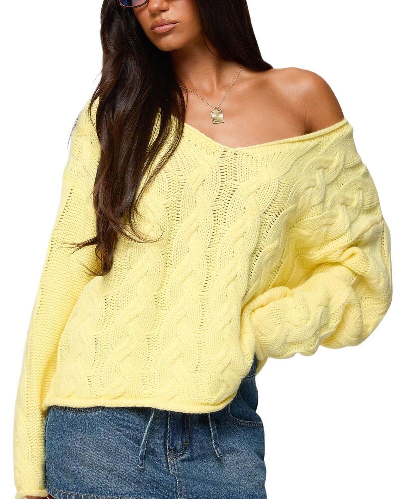 アディクテッド レディース アウター ニット・セーター Edikted Inga Oversized Cable Knit Sweater Yellow イエロー