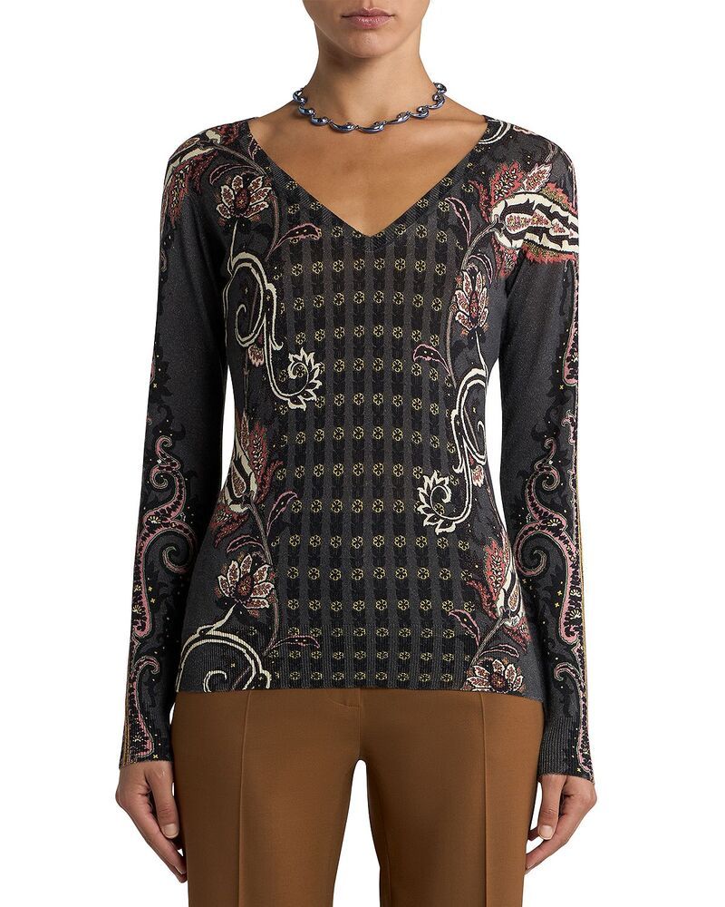 エトロ レディース アウター ニット・セーター Vネック シルク Etro Silk Cashmere V Neck Long Sleeve Sweater MultiWhite ホワイト