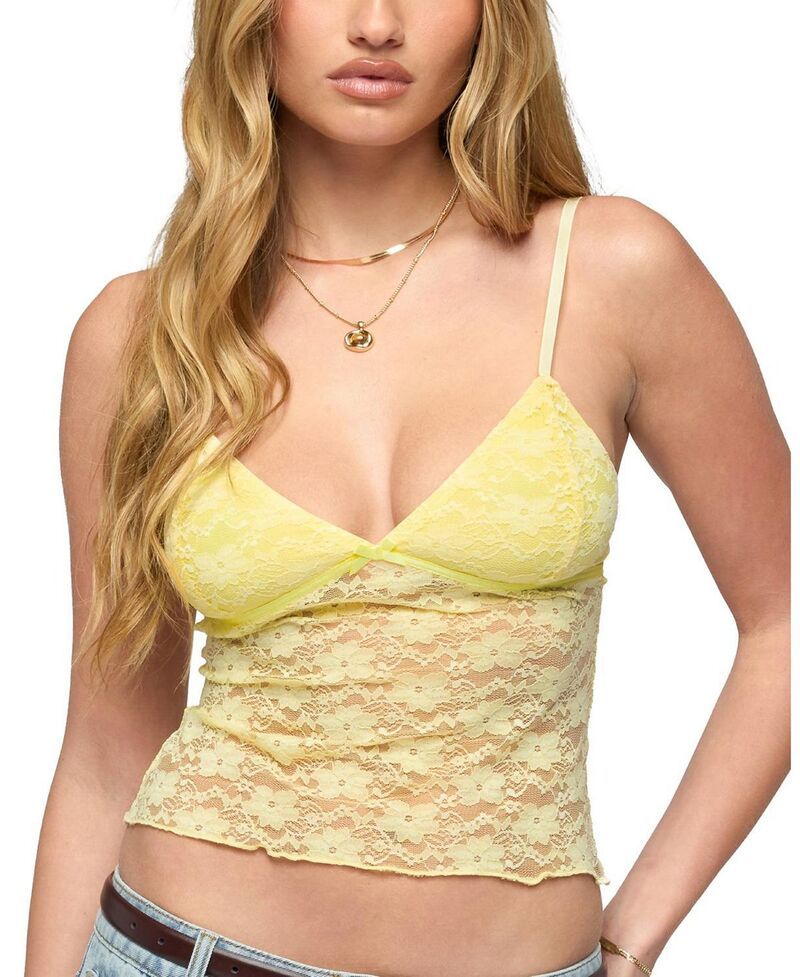 アディクテッド レディース トップス タンクトップ シアー レース Edikted Eira Sheer Lace Tank Top Yellow イエロー