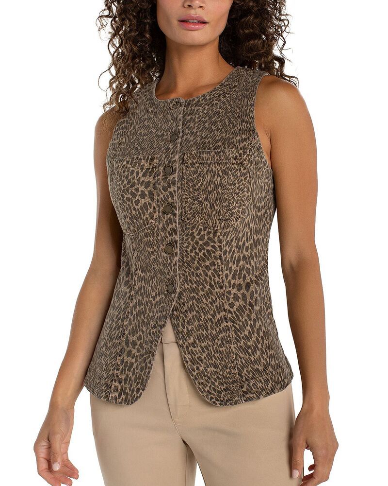 リヴァプール ロサンゼルス レディース アウター ベスト クルーネック Liverpoolos Angeles Crewneck Split Front Vest Khaki Abstract Animal カーキ
