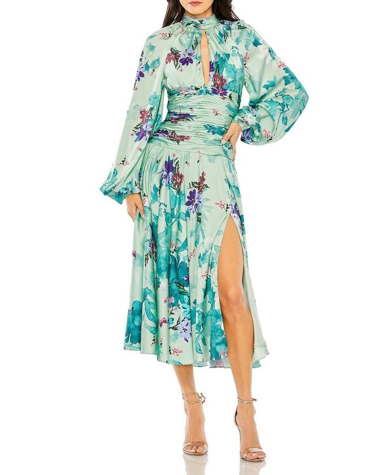 マックダガル レディース トップス ワンピース フラワー柄 サテン フラワー Mac Duggal Keyhole Satin Long Sleeve Floral Gown Sage Multi セージ