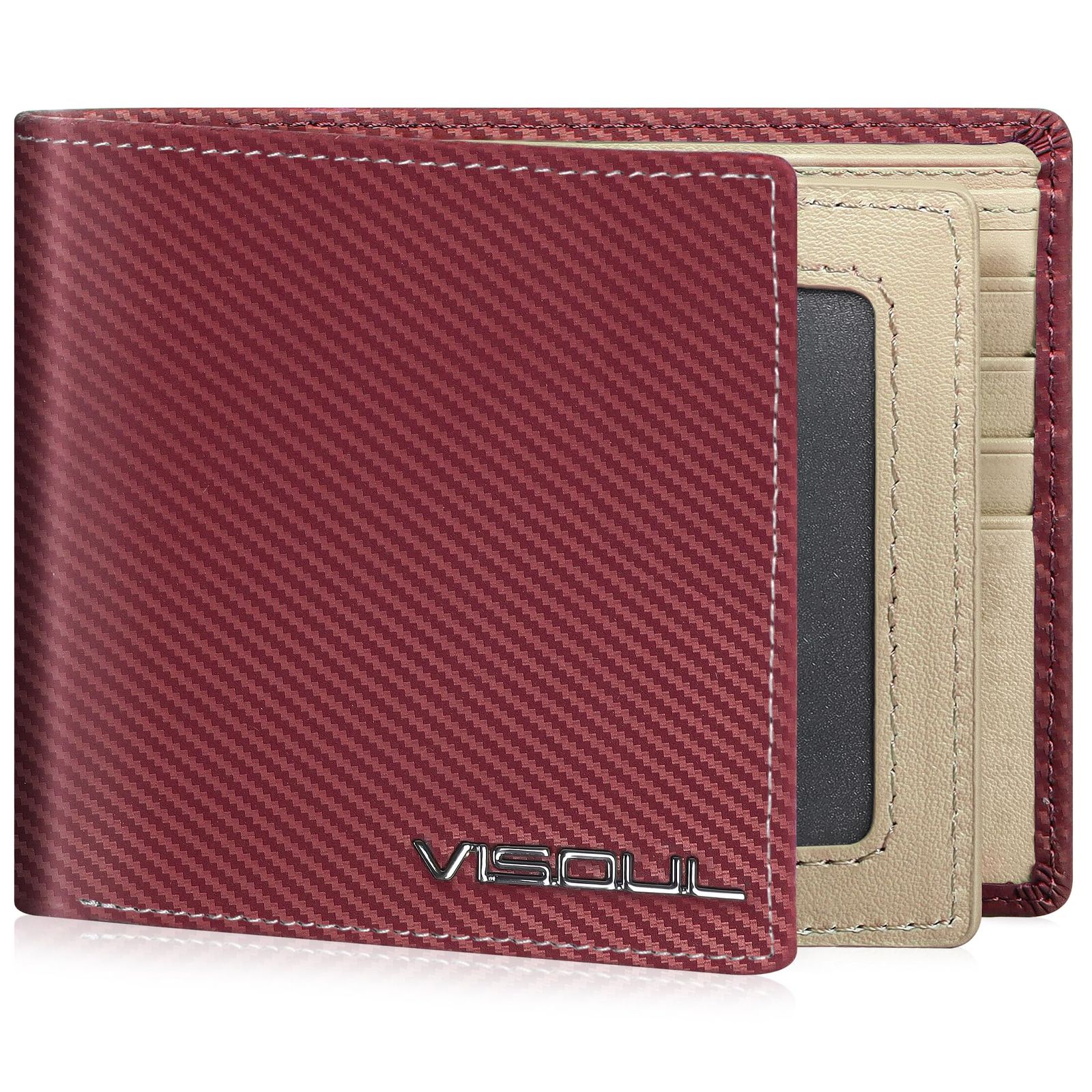 特価商品 [VISOUL] 2つ折り 財布 本革 メンズ 二つ折り財布 免許証入れ 札入れ 大容量 牛革 小銭入れなし 人気 一流の革職人が作る (カーボンレザー レッド・アイボリー)