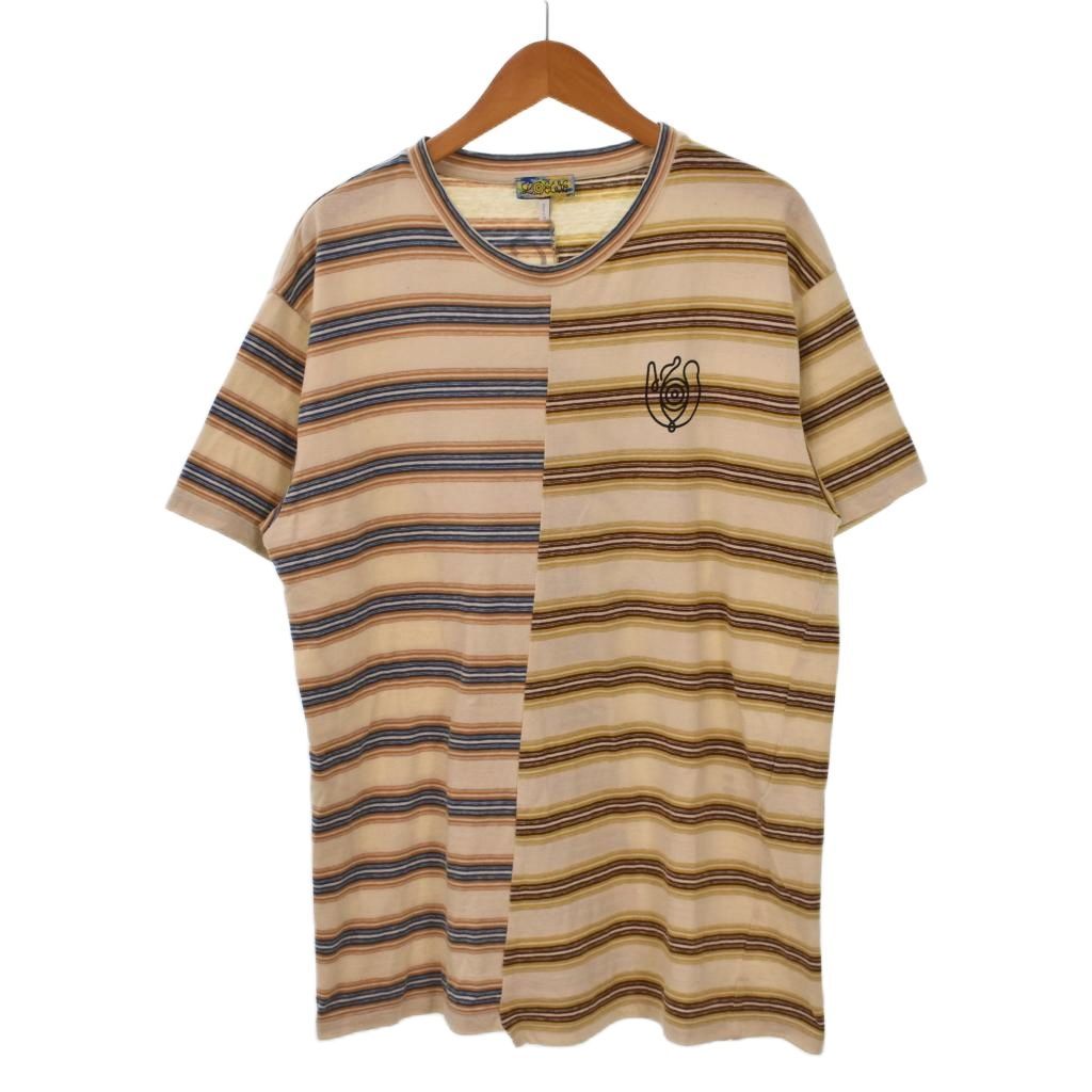 ロエベ LOEWE ELN Stripe Asymmetric T-Shirt Tシャツ 半袖 ストライプ柄 アシンメトリー ロゴ バックプリント XS 白 ホワイト 青 ブルー オレンジ 黄 イエロー 茶 ブラウン H6109590CR