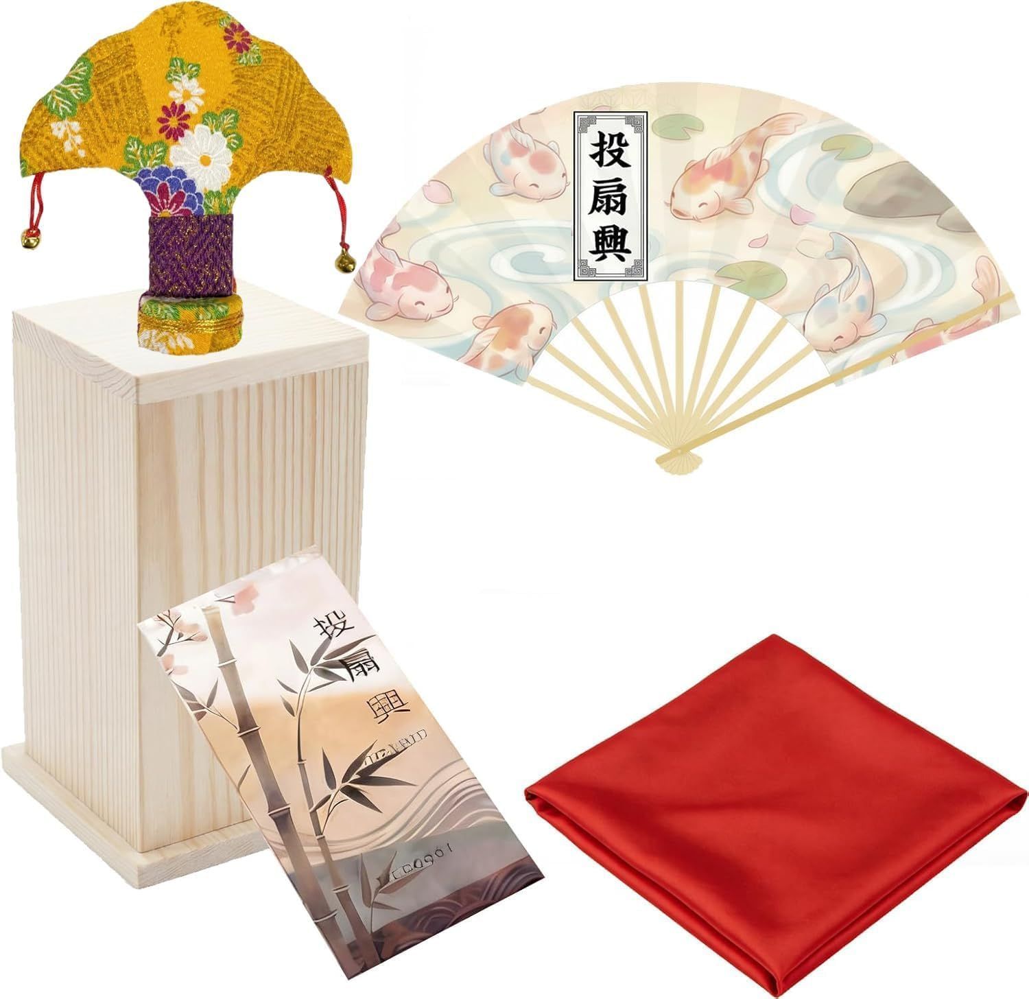 【在庫処分】(木製枕 1 (解説書付き) 個＋錦鯉柄扇子 インテリアとしても 1 贈り物 本＋黄色蝶 江戸時代の雅な遊び 1 お座敷遊び 個＋敷物 七宝紋竹骨/天然和紙 1 伝統工芸 枚＋点数表 松製枕/手書き扇子/蝶的/敷物/点数表 1 セット（とうせんきょ
