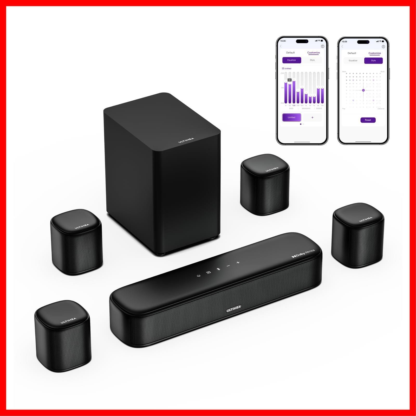 【即日発送】HDMI HDMI 映画/ゲーム/音楽に最適 スピーカー ケーブル付属 ホームシアター 重低音 APP制御対応 eARC/Bluetooth/光/AUX/USB対応 Aura サブウーファー＆サラウンドスピーカー付き BassMX搭載 350W A