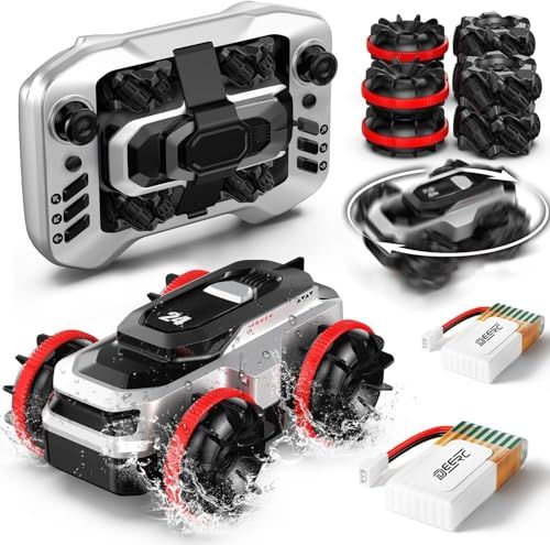 DEERC ラジコンカー おもちゃ ラジコン オールインワンデザイン 水陸両用 リモコンカー 4WD 回転360° 全方位走行 ドリフト特技 全地形対応 全身防水 携帯収納 車輪ベルト交換 操作時間50分間 ハイスピード バッテリー2本付き 0f3999ee