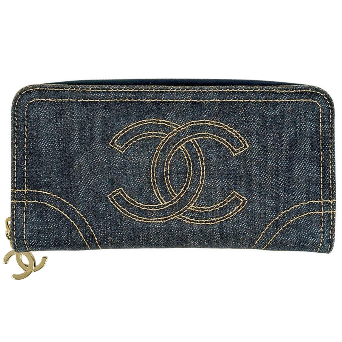 シャネル CHANEL ココマーク ラウンドファスナー 長財布 デニム ブルー レディース 【中古】