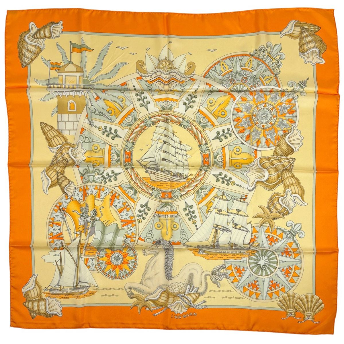 エルメス HERMES カレ90 L'AIR MARIN 海風 船 貝殻 スカーフ シルク オレンジ マルチカラー レディース 【中古】
