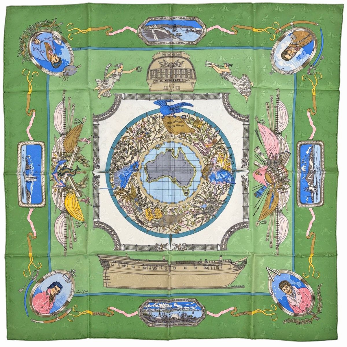 エルメス HERMES カレ90 LE GEOGRAPHE 地理学者 スカーフ シルク グリーン レディース 【中古】