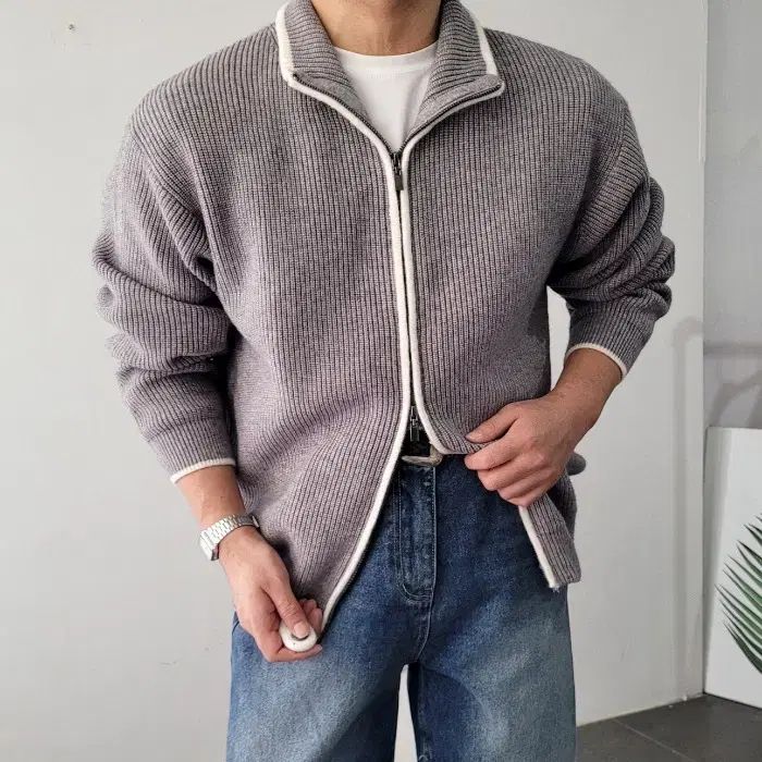 カシミア ハイネック バイカラー ツーウェイ オーバーサイズ ニット ジップアップ 4COLOR 95-105size