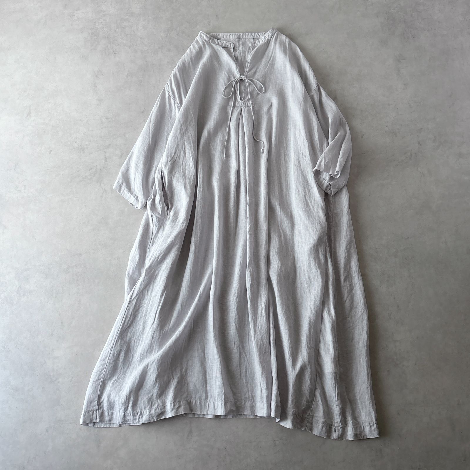 美品 / nest Robe ネストローブ / リネン100% 7分袖 バンドカラー スモックドレス ワンピース / レディース F フリーサイズ / ブルーグレー / 日本製 / ロングシャツ