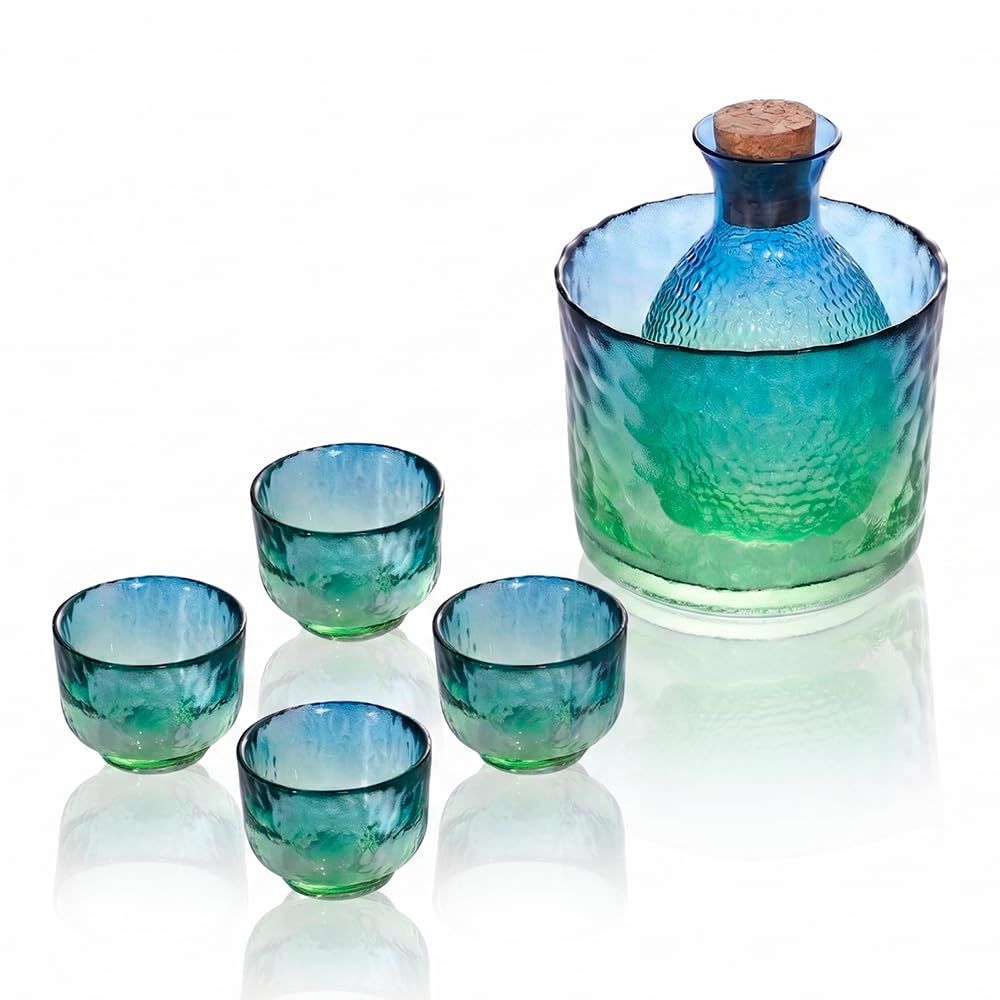 Qrit 日本酒セット 冷酒器セット 耐熱ガラス ホウケイ酸ガラス 徳利 盃 6点 酒器セット 330ml 【ピーコックブルー】 [【ピーコックブルー】]
