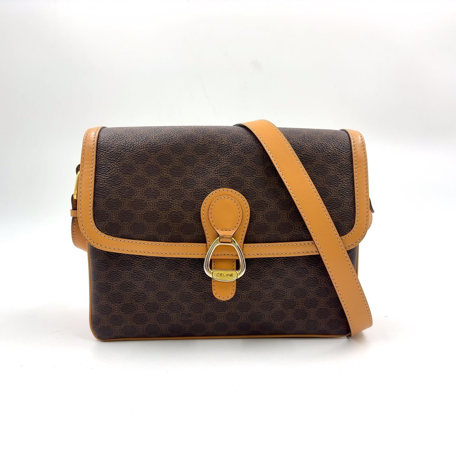 CELINE マカダム柄 ベルト レザー×PVC ブラウン ショルダーバッグ ゴールド