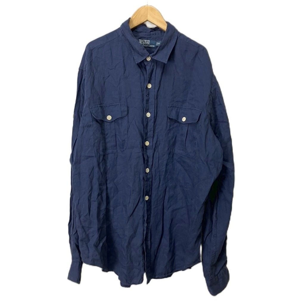 ポロ バイ ラルフローレン Polo by Ralph Lauren リネンシャツ ダブルポケット 長袖 XL ネイビー