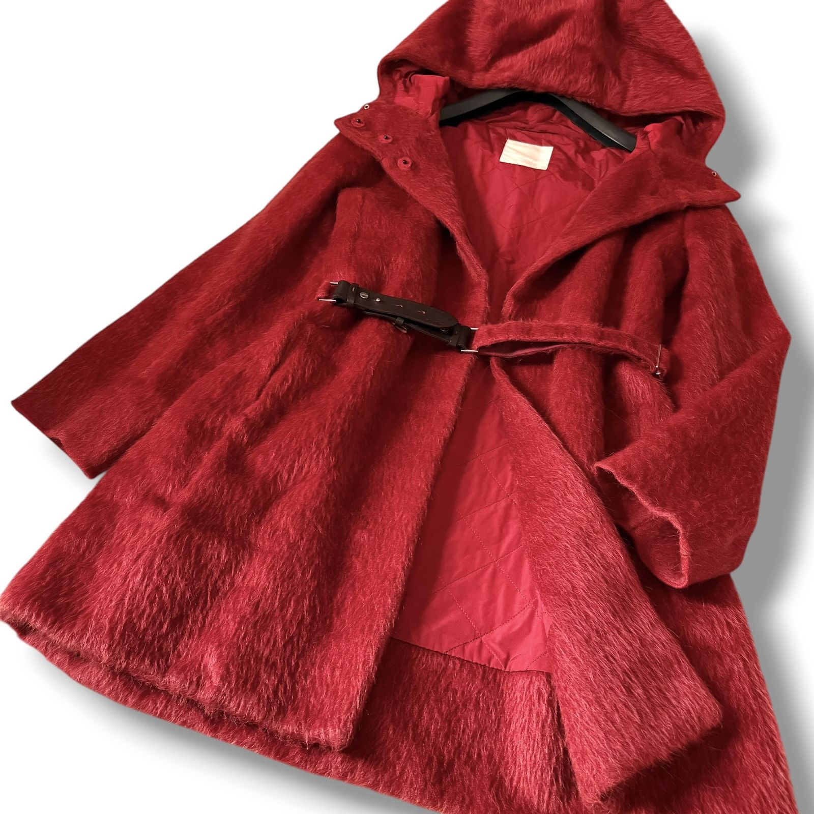 MaxMara ふんわりアルパカ シャギーフーデットコート 42 深みレッド