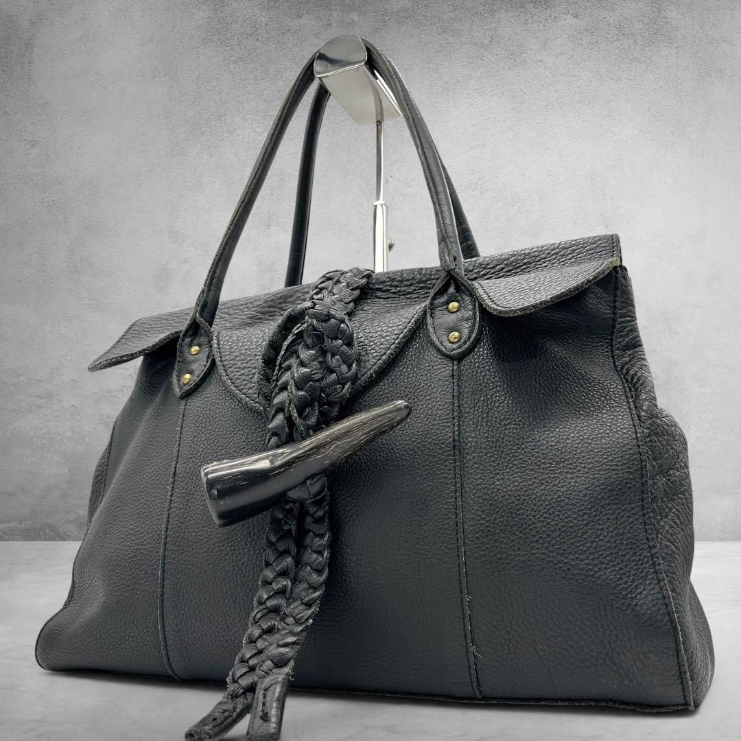 TRES leather tote bag black grained leather toggle bag woven