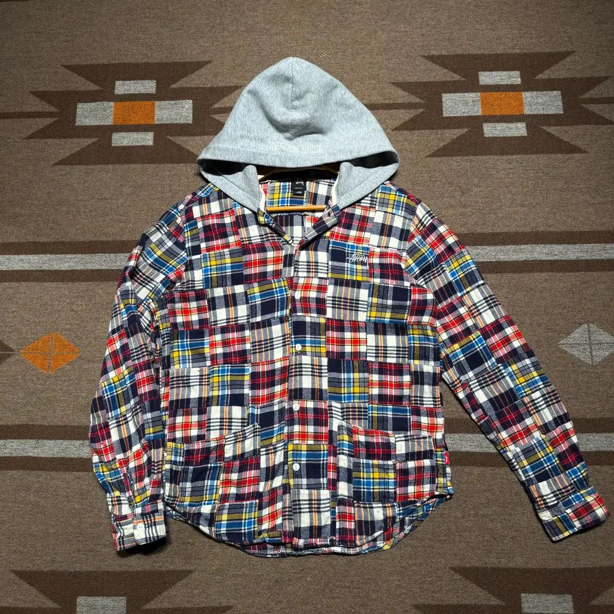 STUSSY マドラス チェック パッチワーク フーディー シャツ L