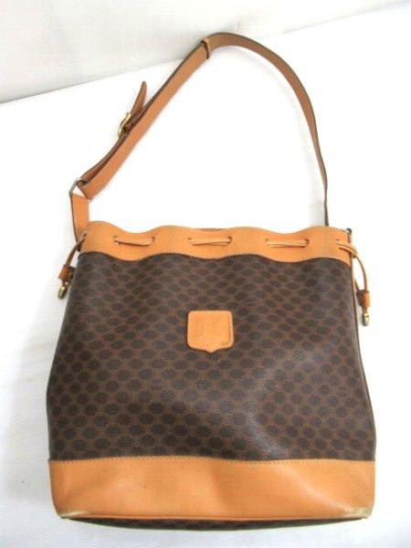 セリーヌ CELINE マカダム柄 巾着 ショルダーバッグ M11 ダークブラウン系 ダメージ有 中古■