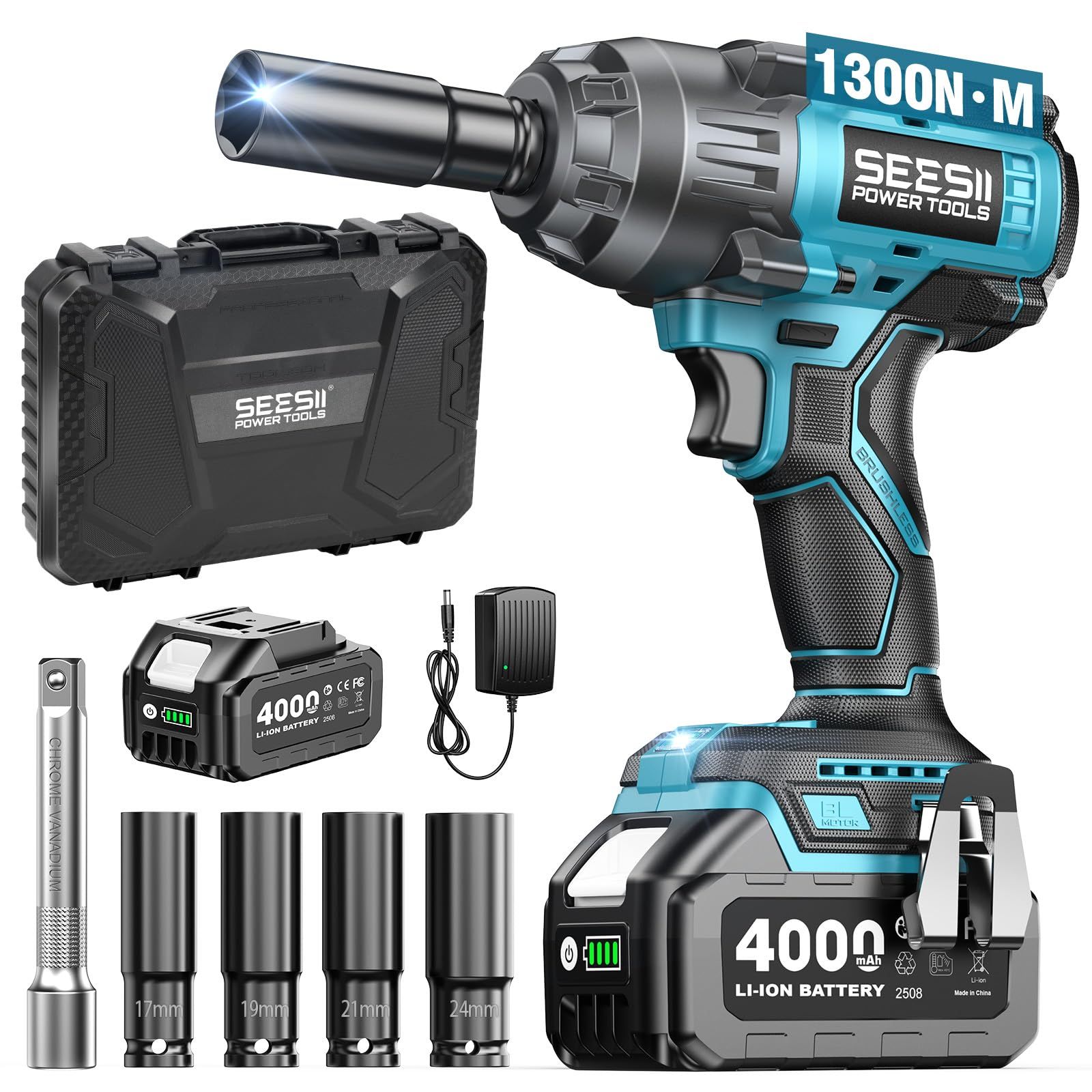 【2026新型】SEESII 電動インパクトレンチ タイヤ交換 1300N・m 強力 ブラシレスモーター ハイパワー 自動停止モード 無段変速 正逆転両用 1/2インチ LEDライト 4000mAhバッテリー 4本ソケット付き 車用 自動車の修理 ナットのkk