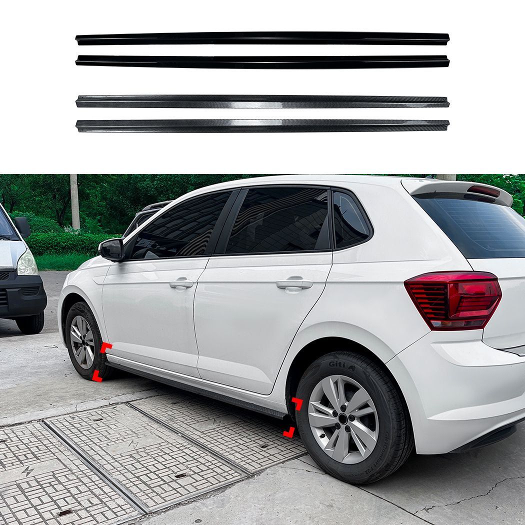 送料込み フォルクスワーゲン（VW）ポロ MK6 2018+ 専用サイドスカート（サイドスポイラー／アンダースポイラー）ABS製軽量ドレスアップパーツ 側面の空気流れを整えシャープなシルエットに 高い整流効果。おすすめです カーボン柄／ピアノブラック選べます