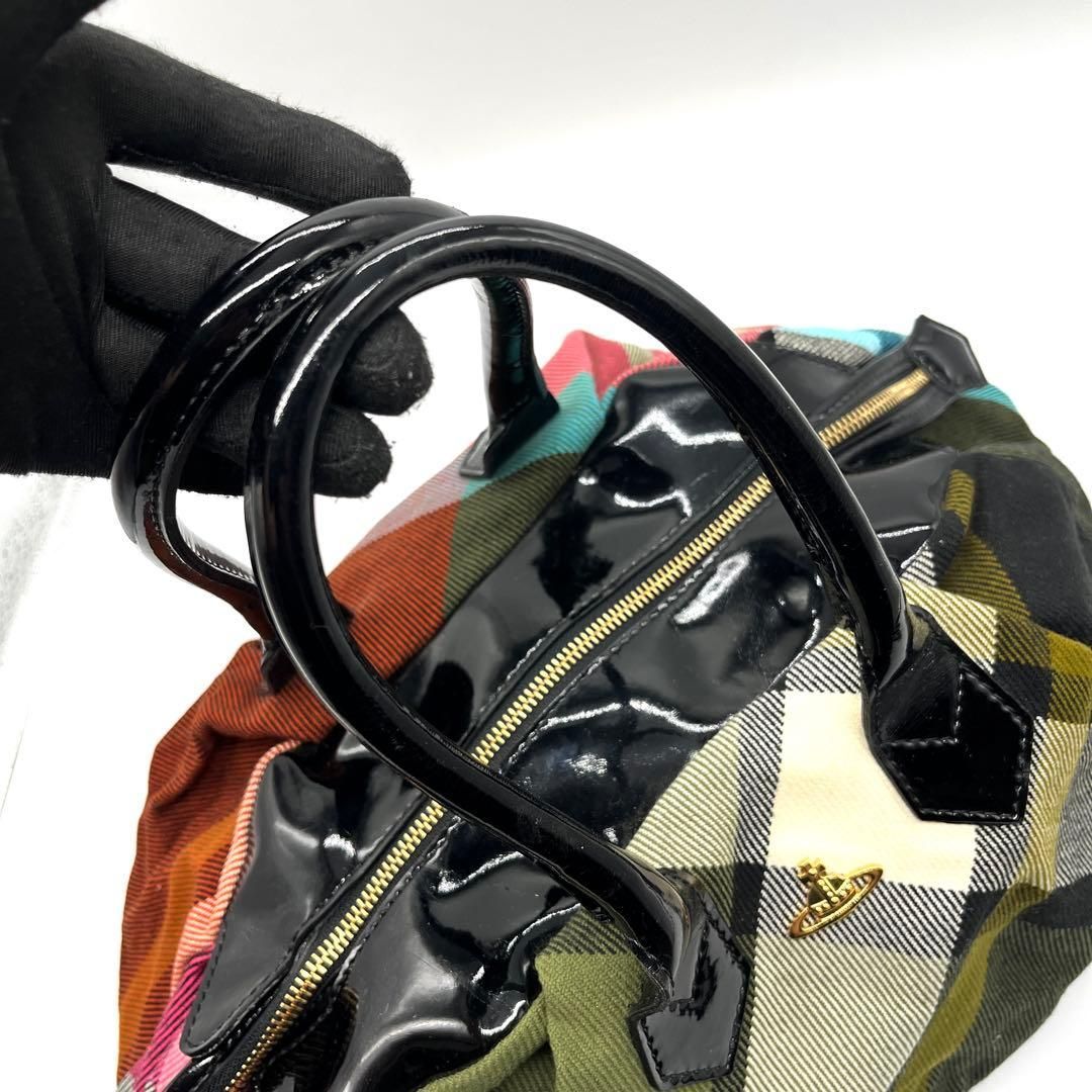 Vivienne Westwood Check Boston Bag Y2K ヴィヴィアンウエストウッド ボストンバッグ チェック柄 オーブ y2k ハンドバッグ キャンバス パテントレザー マルチカラー archive レディース 2758
