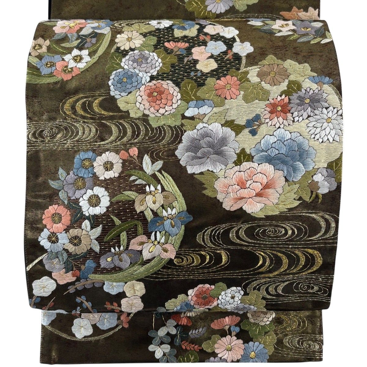 【美品】 袋帯 逸品 花丸文 観世水 金糸 刺繍 金茶 六通 正絹 【中古】