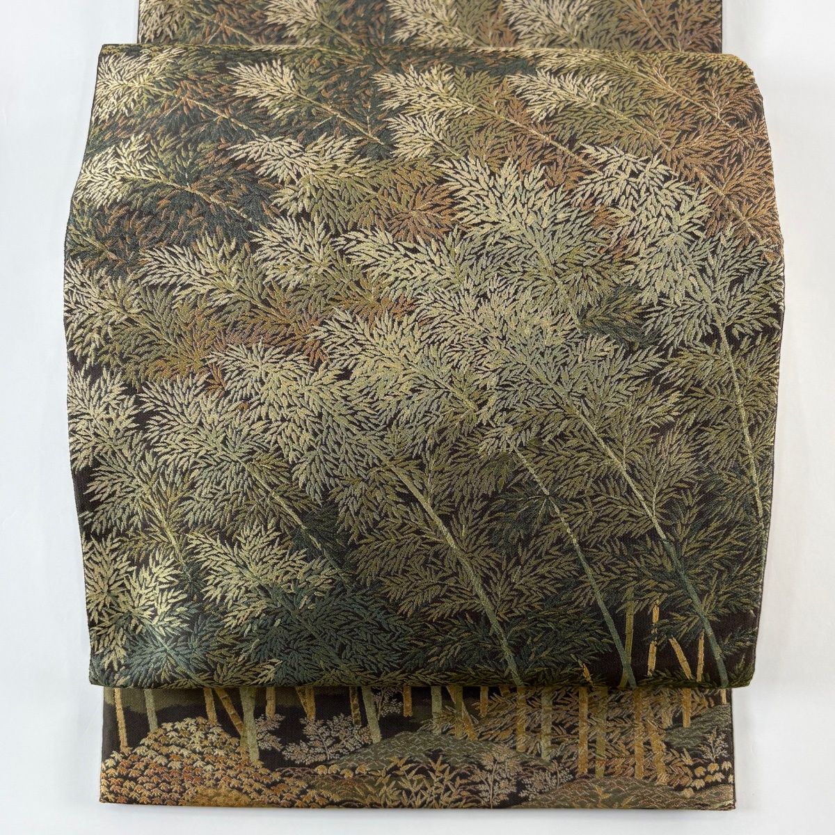 【美品】 袋帯 逸品 となみ織物 落款 麹塵染 笹 竹 茶緑色 六通 正絹 【中古】