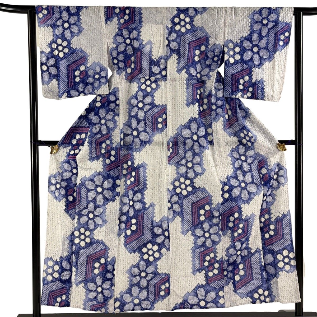 【美品】 浴衣 身丈152.5cm 裄丈62cm S 絞り浴衣 花 幾何学 白 綿 名品 【中古】