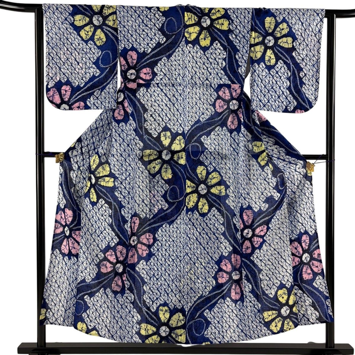 【美品】 浴衣 身丈152.5cm 裄丈62.5cm S 絞り浴衣 花 紺色 綿 名品 【中古】