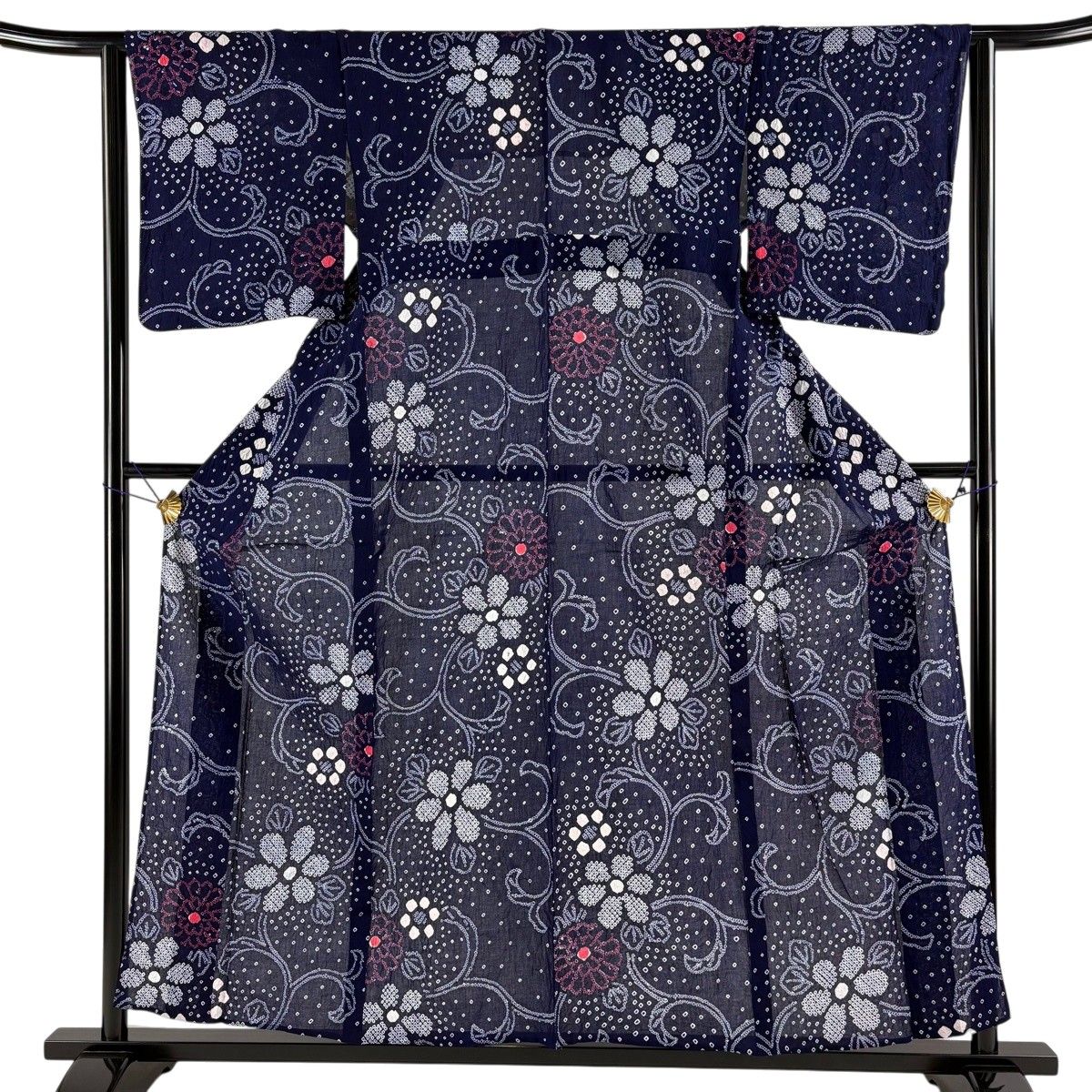 【美品】 浴衣 身丈157cm 裄丈62cm S 絞り浴衣 花唐草 紺色 綿 名品 【中古】