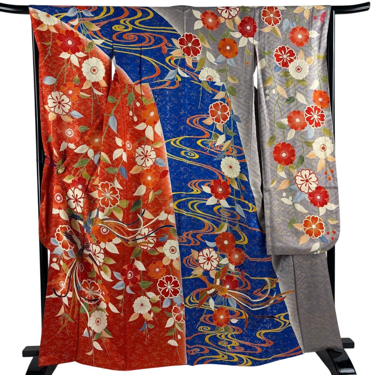 振袖 身丈164.5cm 裄丈67cm M 袷 尾長鳥 桜 金糸 金彩 朱色 正絹 名品 【中古】