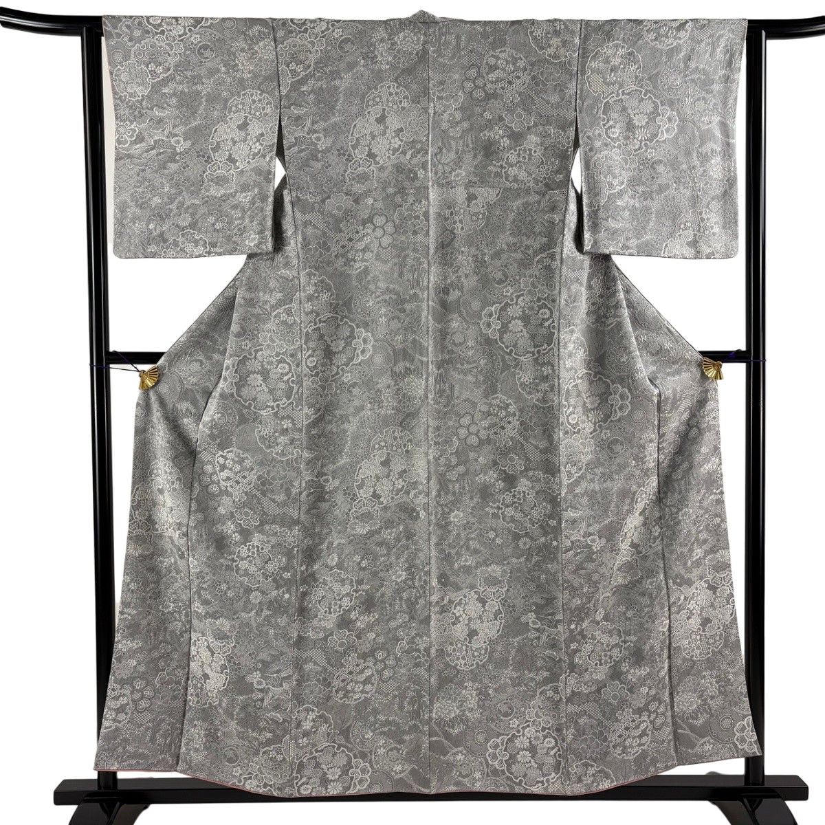 【美品】 小紋 身丈158cm 裄丈63cm S 袷 雪輪 鶴 紋意匠 灰色 正絹 名品 【中古】